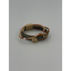 Layered Wrap Bracelet Beaded Leather Gold Tone Boho Stack